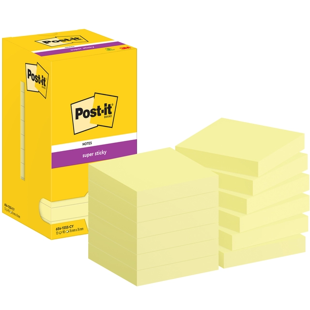 Een Memoblok Post-it 654 Super Sticky 76x76mm canary yellow 12 stuks koop je bij Hoekmankantoorartikelen.nl