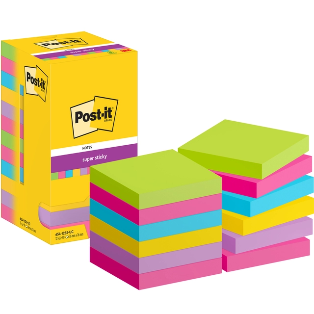 Een Memoblok Post-it 654 Super Sticky 76x76mm 90 vel rainbow 12 stuks koop je bij Hoekmankantoorartikelen.nl