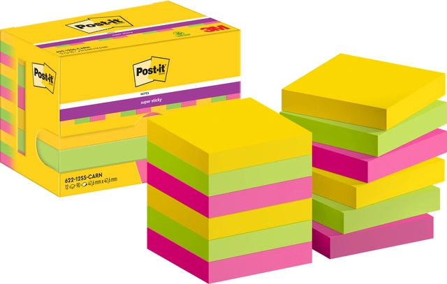 Een Memoblok Post-it 622 Super Sticky 47,6x47,6mm Carnival 12 stuks koop je bij Hoekmankantoorartikelen.nl