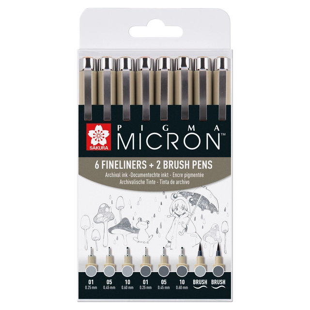 Een Fineliner en brushpen Sakura Pigma Micron koudgrijs set à 8 stuks assorti koop je bij VHK Kantoorartikelen