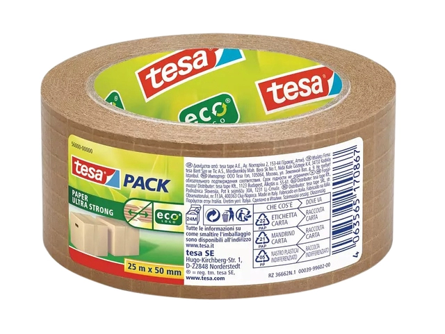 Een Verpakkingstape Tesa 56000 Eco papier ultra strong 50mmx25m koop je bij VHK Kantoorartikelen