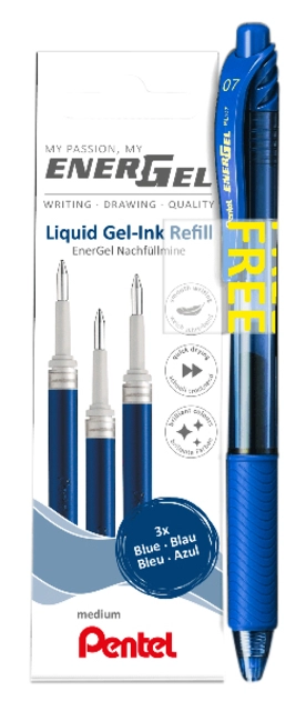 Een Gelschrijvervulling Pentel LR7 Energel met gratis gelpen medium blauw blister à 3 stuks koop je bij Hoekmankantoorartikelen.nl