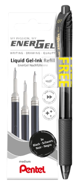 Een Gelschrijvervulling Pentel LR7 Energel met gratis gelpen medium zwart blister à 3 stuks koop je bij VHK Kantoorartikelen