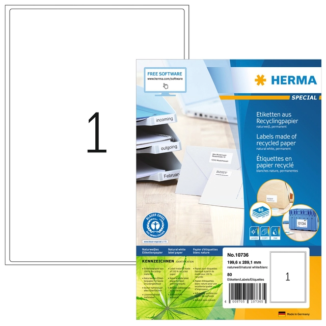 Een Etiket HERMA recycling 10736 199.6x289.1mm 80stuks wit koop je bij VHK Kantoorartikelen