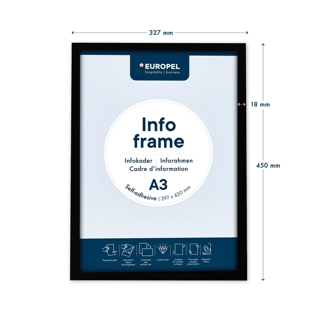 Een Infokader Europel zelfklevend A3 zwart koop je bij VHK Kantoorartikelen