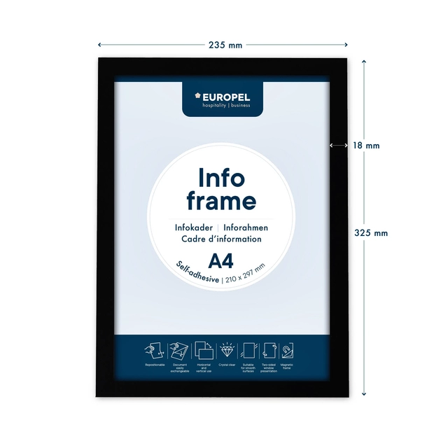Een Infokader Europel zelfklevend A4 zwart koop je bij VHK Kantoorartikelen