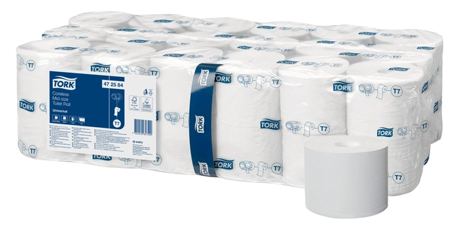 Een Toiletpapier Tork T7 hulsloos Universal mid-size 1-laags 1300vel wit 472584 koop je bij VHK Kantoorartikelen