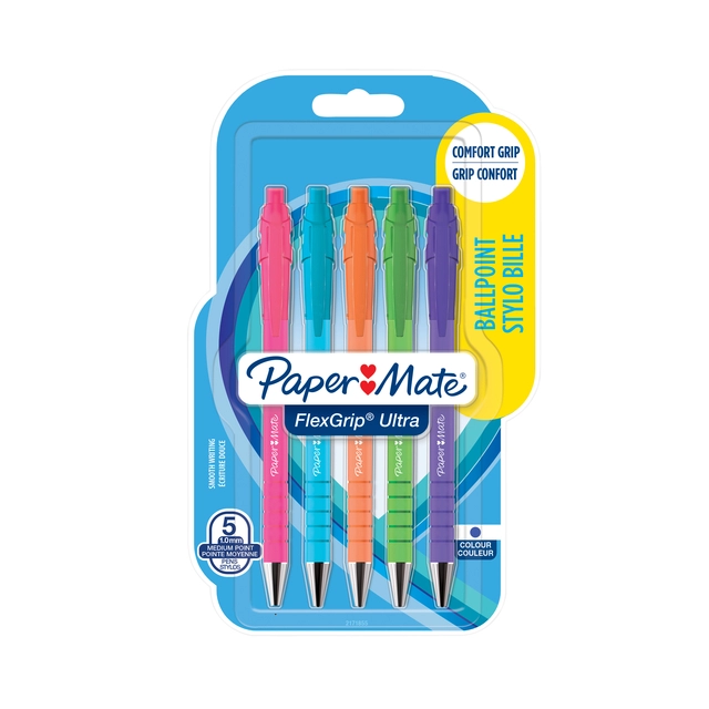 Een Balpen Paper Mate Flexgrip drukknop Bright fun medium schrijfkleur blauw blister à 5 stuks koop je bij VHK Kantoorartikelen