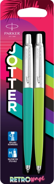 Een Balpen Parker Jotter Original 80's Retrowave duo turquoise en appelgroen CT medium blister à 2 stuks koop je bij VHK Kantoorartikelen