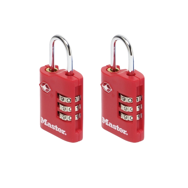 Een Hangslot Masterlock 3-cijfer combi TSA set van 2 sloten assorti in willekeurige kleur 30mm 2 stuks koop je bij Hoekmankantoorartikelen.nl