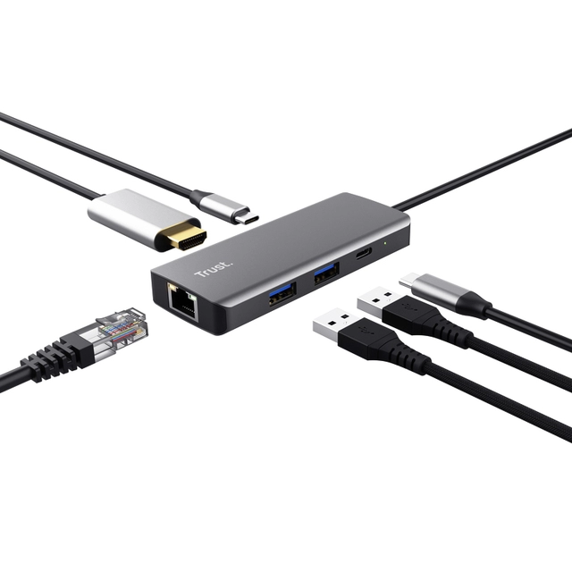 Een Adapter Trust DALYX 6-in-1 USB-C multipoort grijs koop je bij VHK Kantoorartikelen