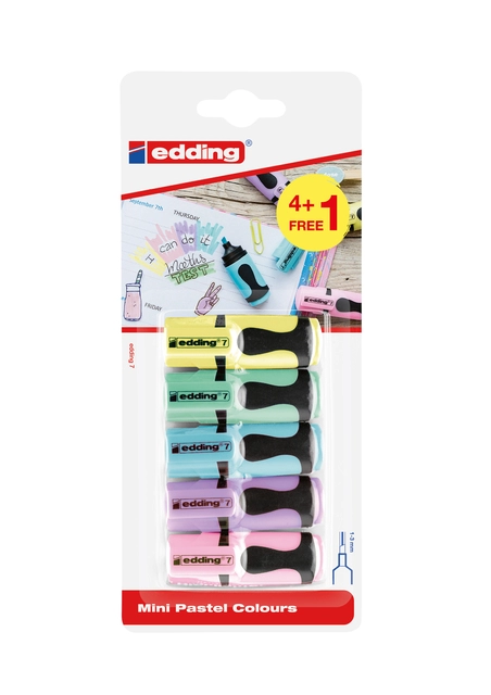 Een Markeerstift edding 7 mini 1-3mm pastel assorti blister à 4+1 stuk gratis koop je bij VHK Kantoorartikelen