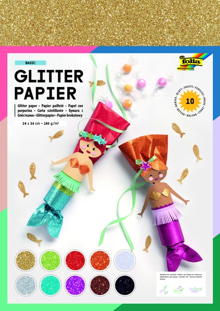 Een Glitterpapier Folia 1-zijdig 24x34cm 170gr 10 vel assorti koop je bij VHK Kantoorartikelen