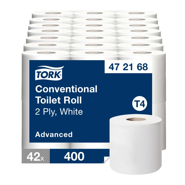 Een Toiletpapier Tork T4 advanced 2-laags 400vel wit 472168 koop je bij VHK Kantoorartikelen