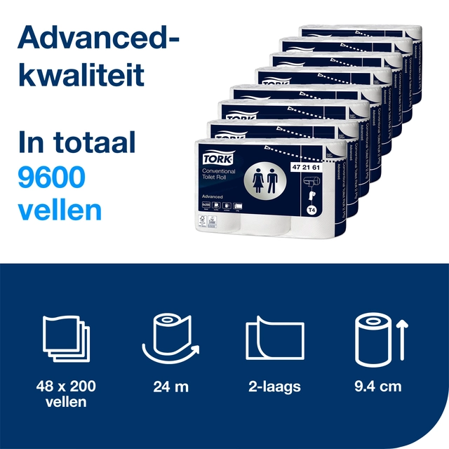 Een Toiletpapier Tork T4 advanced 2-laags 200vel wit 472161 koop je bij VHK Kantoorartikelen