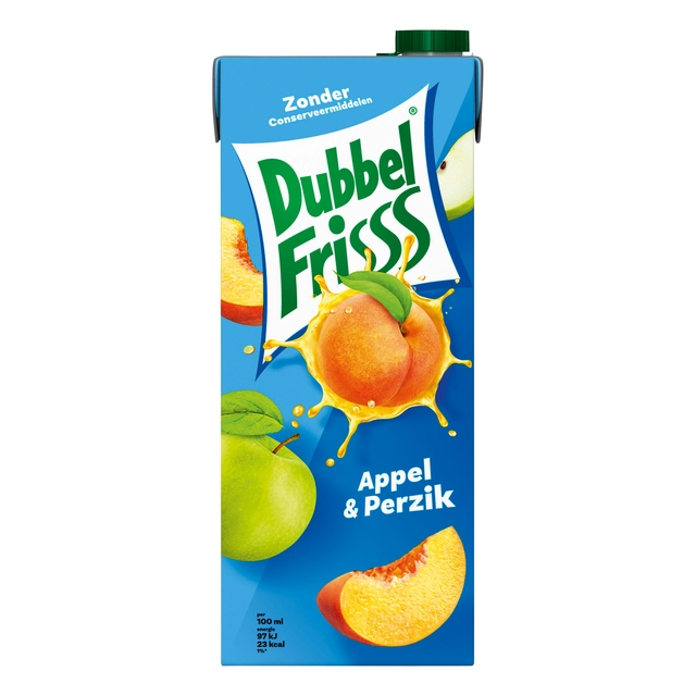 Een Fruitdrank DubbelFrisss appel perzik pak 1500ml koop je bij VHK Kantoorartikelen