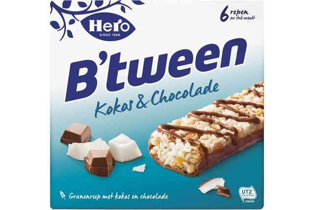 Een Tussendoortje Hero B'tween kokos chocolade 6pack reep 25gr koop je bij VHK Kantoorartikelen