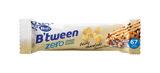 Een Tussendoortje Hero B'tween witte chocolade zero 6pack reep 20gr koop je bij VHK Kantoorartikelen