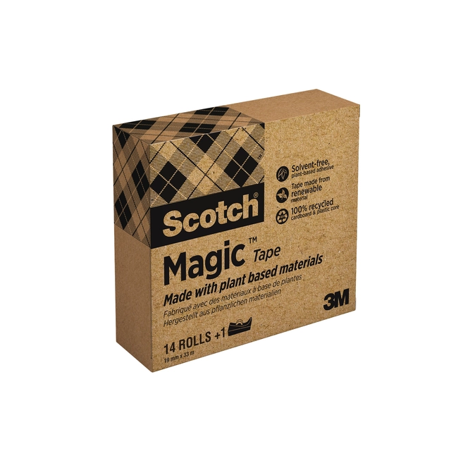 Een Plakband Scotch Magic 810 19mmx33m transparant 14 rollen + plakbandhouder zwart koop je bij VHK Kantoorartikelen