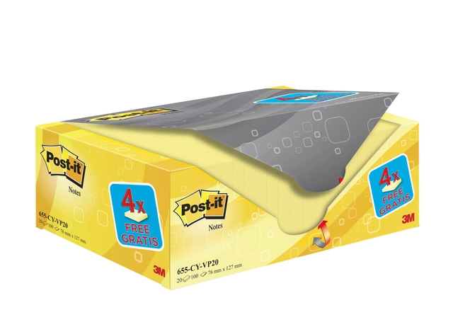 Een Memoblok 3M Post-it 655 76x127mm geel 16 + 4 gratis koop je bij Hoekmankantoorartikelen.nl