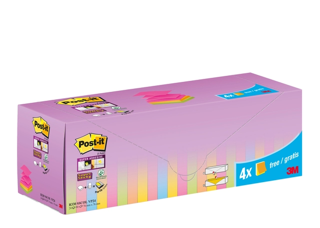 Een Memoblok 3M Post-it Z-Note R330 Super Sticky 76x76mm assorti kleur 20 + 4 gratis koop je bij VHK Kantoorartikelen