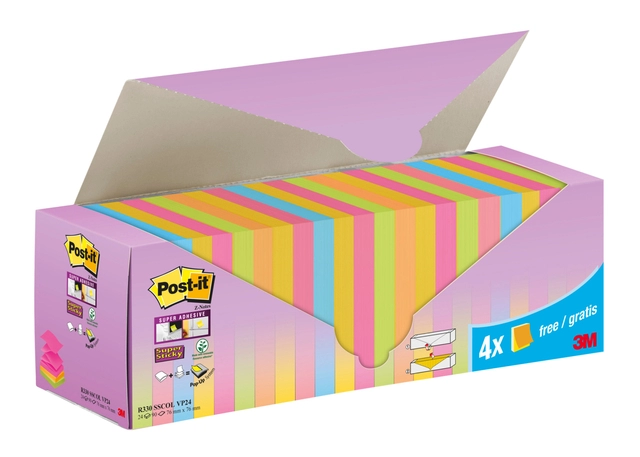 Een Memoblok 3M Post-it Z-Note R330 Super Sticky 76x76mm assorti kleur 20 + 4 gratis koop je bij VHK Kantoorartikelen