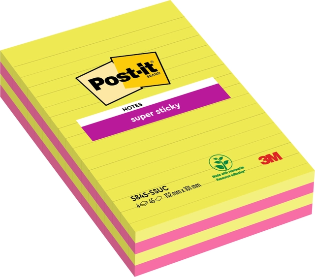 Een Memoblok 3M Post-it 584 127x203mm Super Sticky lijn assorti kleur 4 stuks koop je bij Hoekmankantoorartikelen.nl