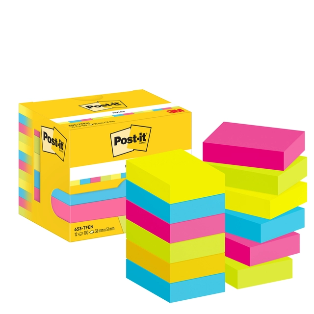 Een Memoblok 3M Post-it 653 38x51mm neon assorti kleur 12 stuks koop je bij Hoekmankantoorartikelen.nl