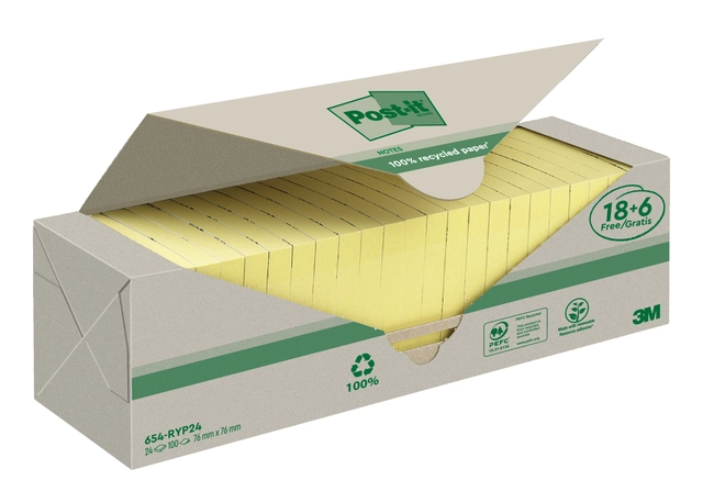 Een Memoblok 3M Post-it 654 76x76mm recycle geel 18 + 6 gratis koop je bij VHK Kantoorartikelen