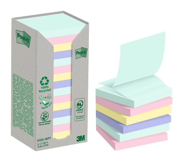 Een Memoblok 3M Post-it Z-Note R330 76x76mm recycle assorti kleur 16 stuks koop je bij Hoekmankantoorartikelen.nl