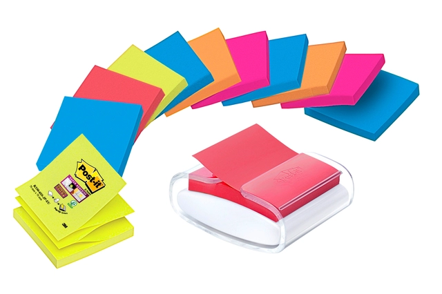 Een Memoblokdispenser 3M tbv Post-it Z-Note 76x76mm transparant + 12 blok Z-notes koop je bij VHK Kantoorartikelen