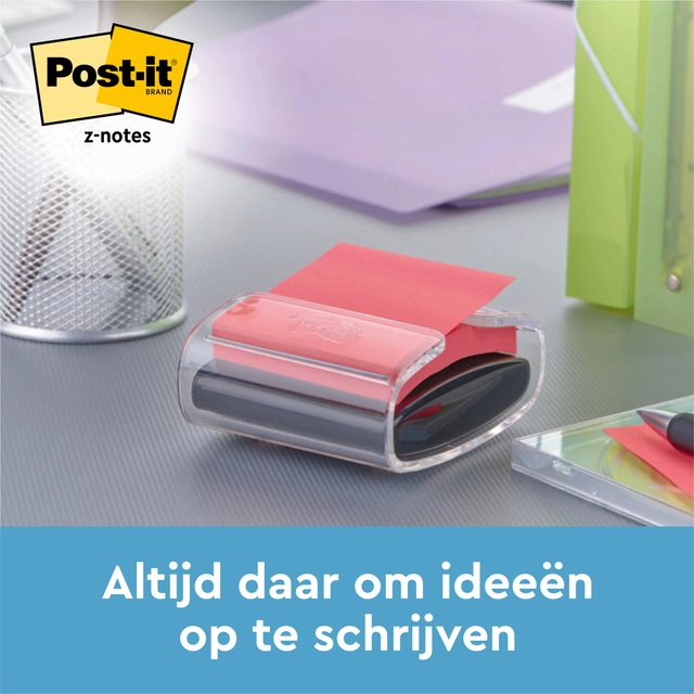 Een Memoblokdispenser 3M tbv Post-it Z-Note 76x76mm transparant + 12 blok Z-notes koop je bij VHK Kantoorartikelen