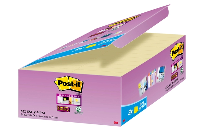 Een Memoblok 3M Post-it 622 Super Sticky 47.6x47.6mm geel 21 + 3 gratis koop je bij VHK Kantoorartikelen