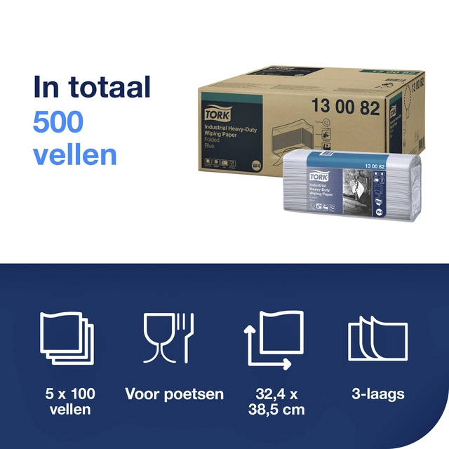 Een Reinigingsdoek Tork Heavy-Duty W4 gevouwen 100 vel blauw 130082 koop je bij Hoekmankantoorartikelen.nl