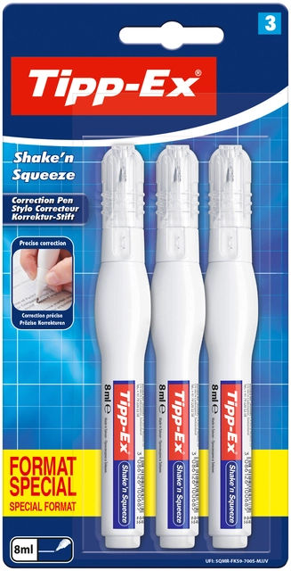 Een Correctiepen Tipp-ex Shake 'n Squeeze 8ml blister à 3 stuks koop je bij VHK Kantoorartikelen