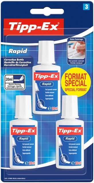 Een Correctievloeistof Tipp-ex Rapid 20ml blister à 3 stuks koop je bij VHK Kantoorartikelen