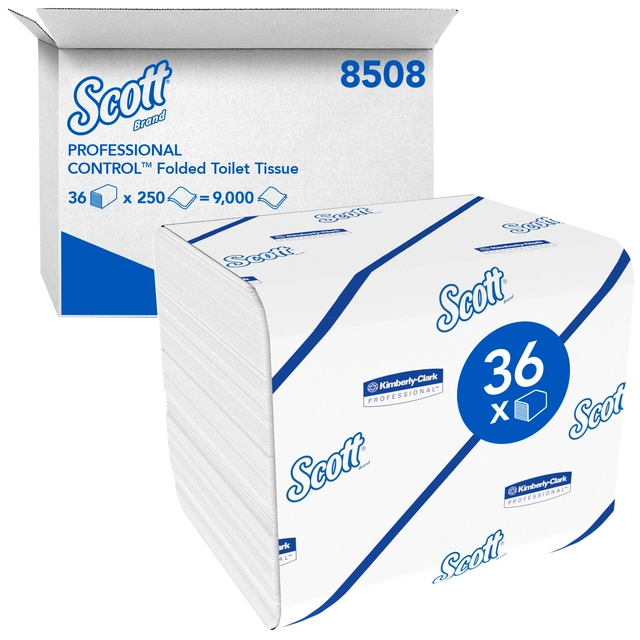 Een Toiletpapier Scott gevouwen tissue 2-laags 36x250stuks wit 8508 koop je bij VHK Kantoorartikelen