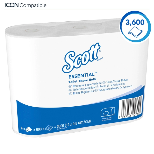 Een Toiletpapier Scott Essential 2-laags 600vel wit 8517 koop je bij VHK Kantoorartikelen