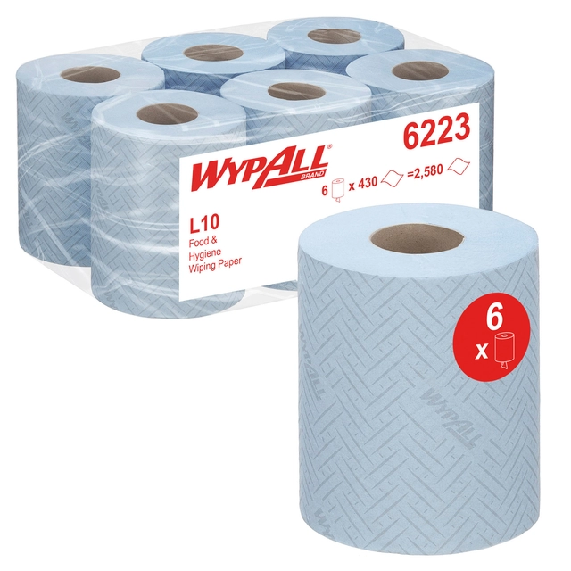 Een Poetsrol WypAll L10 1-laags 18,3cm163m 6 rollen à 430 vel blauw 6223 koop je bij Hoekmankantoorartikelen.nl