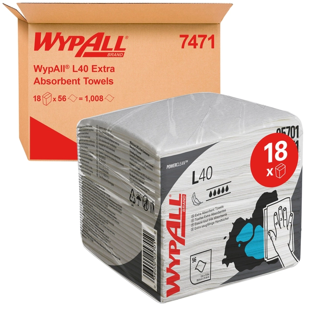 Een Poetsdoek WypAll L40 1-laags 304x317mm 18x56stuks wit 7471 koop je bij VHK Kantoorartikelen