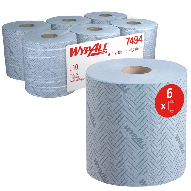 Een Poetsrol WypAll L10 1-laags 18,3cmx239m 6 rollen à 630 vel blauw 7494 koop je bij Hoekmankantoorartikelen.nl