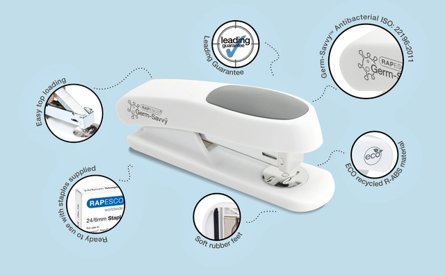 Een Nietmachine Rapesco Germ-Savvy ECO Sting Ray antibacterieel 24/6mm wit koop je bij VHK Kantoorartikelen