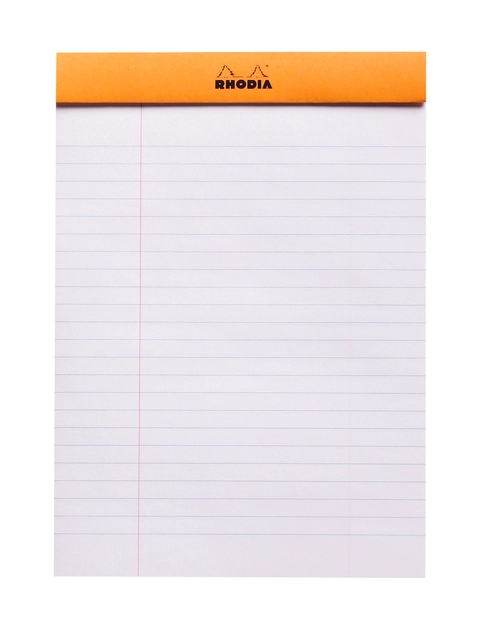 Een Schrijfblok Rhodia A5 lijn 80 vel 80gr met kantlijn oranje koop je bij VHK Kantoorartikelen