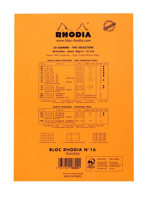 Een Schrijfblok Rhodia A5 lijn 80 vel 80gr met kantlijn oranje koop je bij VHK Kantoorartikelen