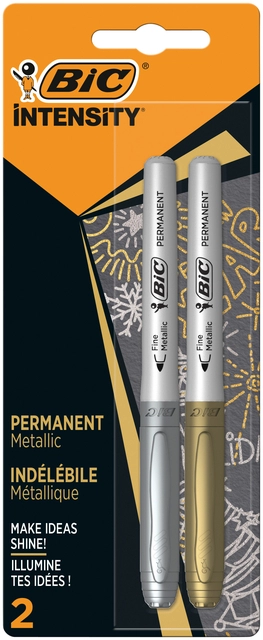 Een Viltstift Bic Intensity rond permanent fine metallic zilver en goud blister à 2 stuks koop je bij VHK Kantoorartikelen