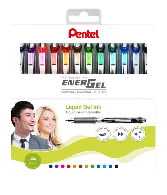 Een Gelschrijver Pentel BL77 Energel medium assorti etui à 12 stuks koop je bij VHK Kantoorartikelen