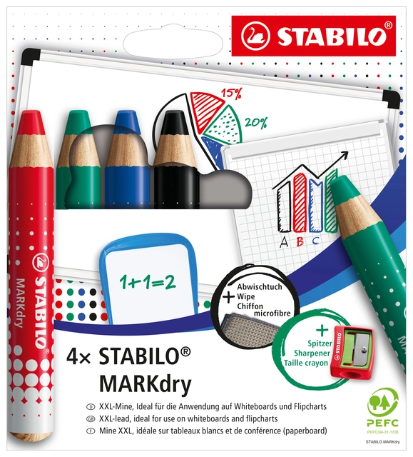 Een Whiteboardpotlood STABILO MARKdry 648/4 inclusief slijper en microvezeldoek assorti etui à 4 stuks koop je bij VHK Kantoorartikelen