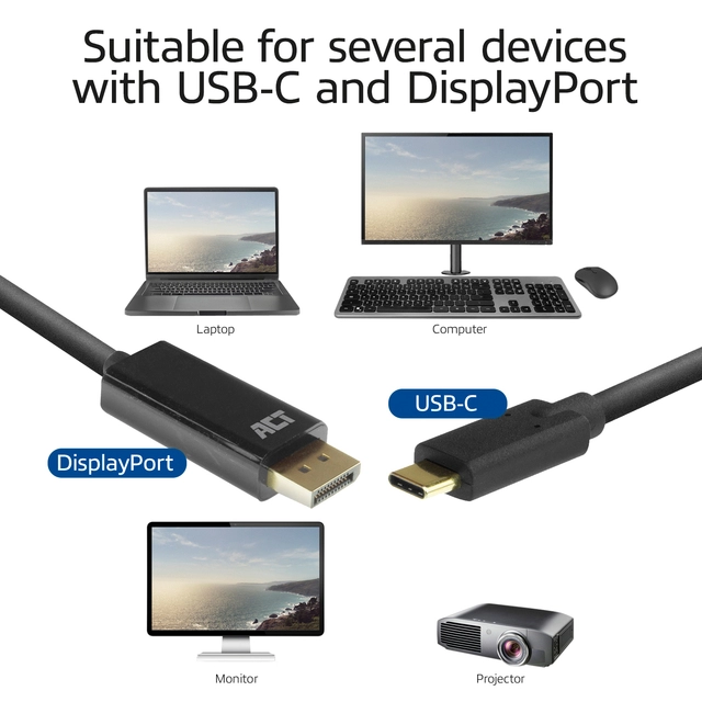 Een Kabel ACT USB-C naar Displayport 60Hz 2 meter koop je bij VHK Kantoorartikelen