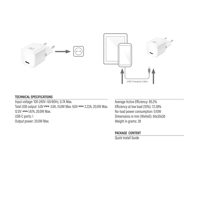 Een Oplader ACT compact met Powerdelivery 20W wit koop je bij VHK Kantoorartikelen