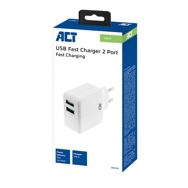 Een Oplader ACT USB 2 poorts Quickcharge 30W wit koop je bij VHK Kantoorartikelen